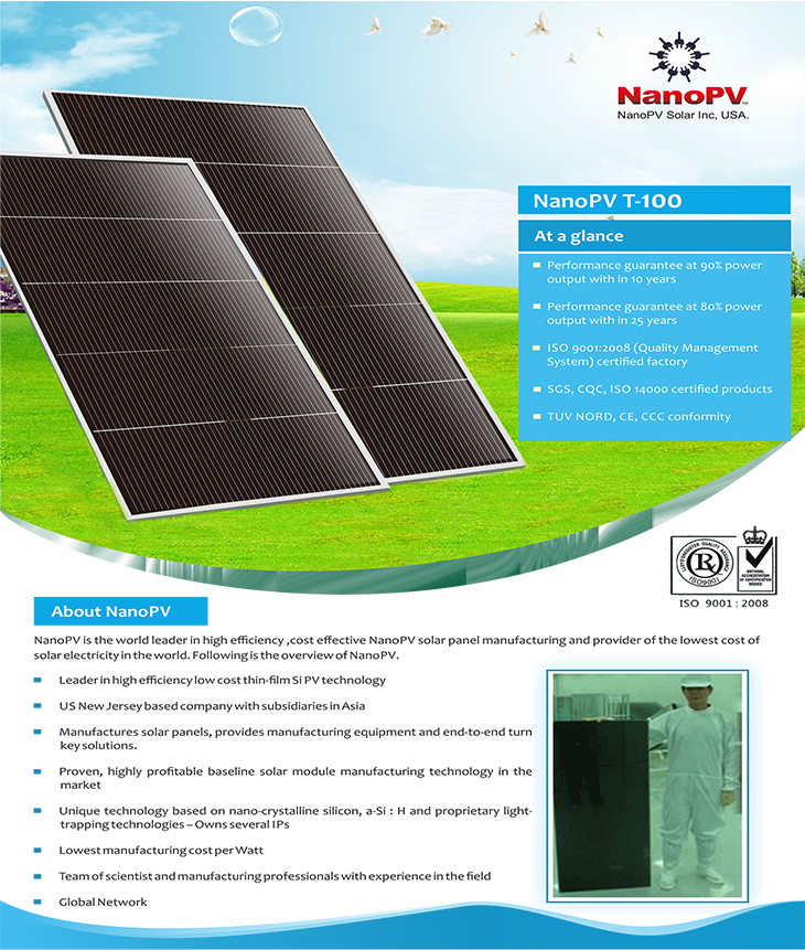 NanoPV 100W Thin Film Specifications — Electrical